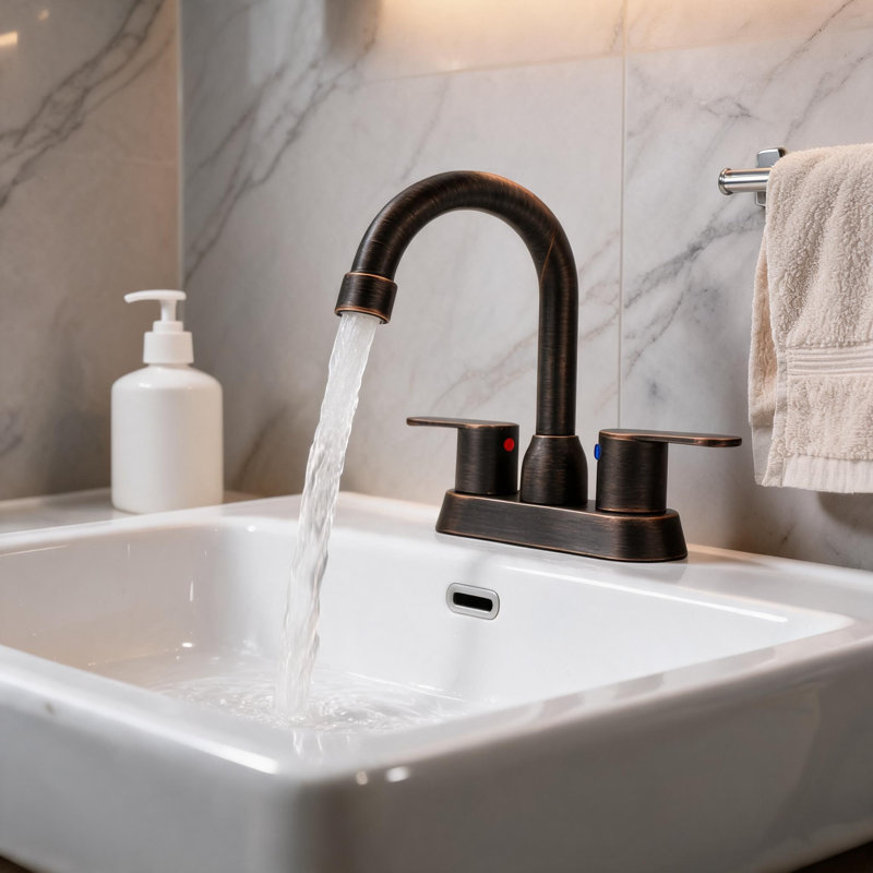 Robinet de lavabo de salle de bain central à 4 poignées 4 pouces en acier inoxydable bronze huilé avec bec pivotant à 360 degrés