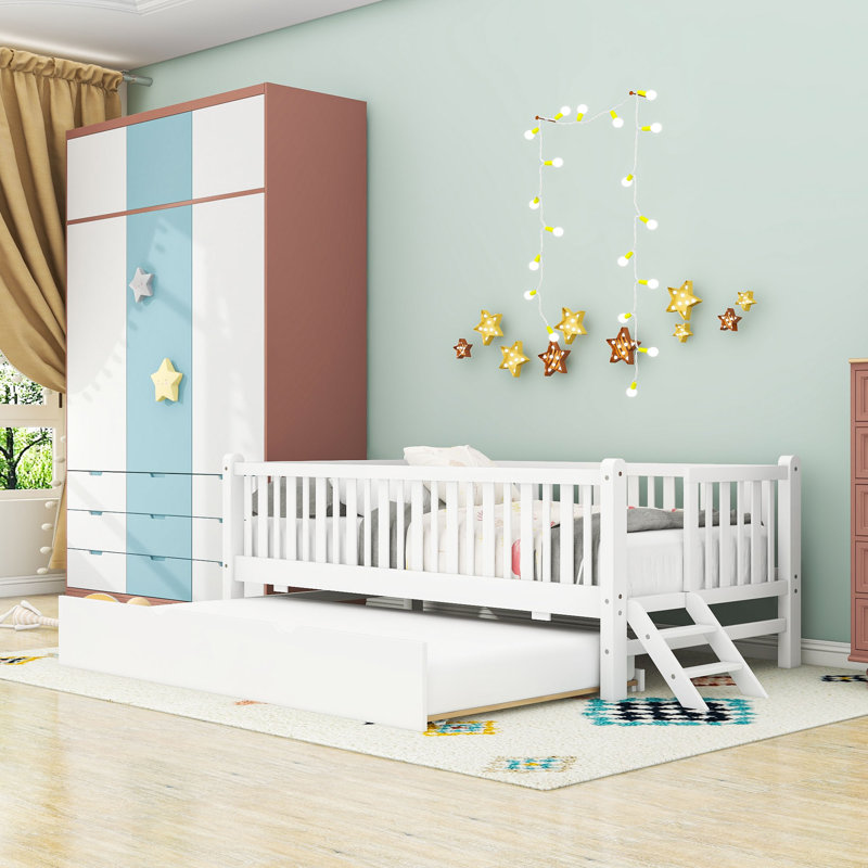 Twin Size Loft Bed With Guardrail And Twin Trundle, White