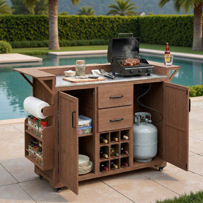 Outdoor Kitchen Island With Wheels, Stainless Steel Top, Spice Rack, Wine Rack, Drawers And Cabinets