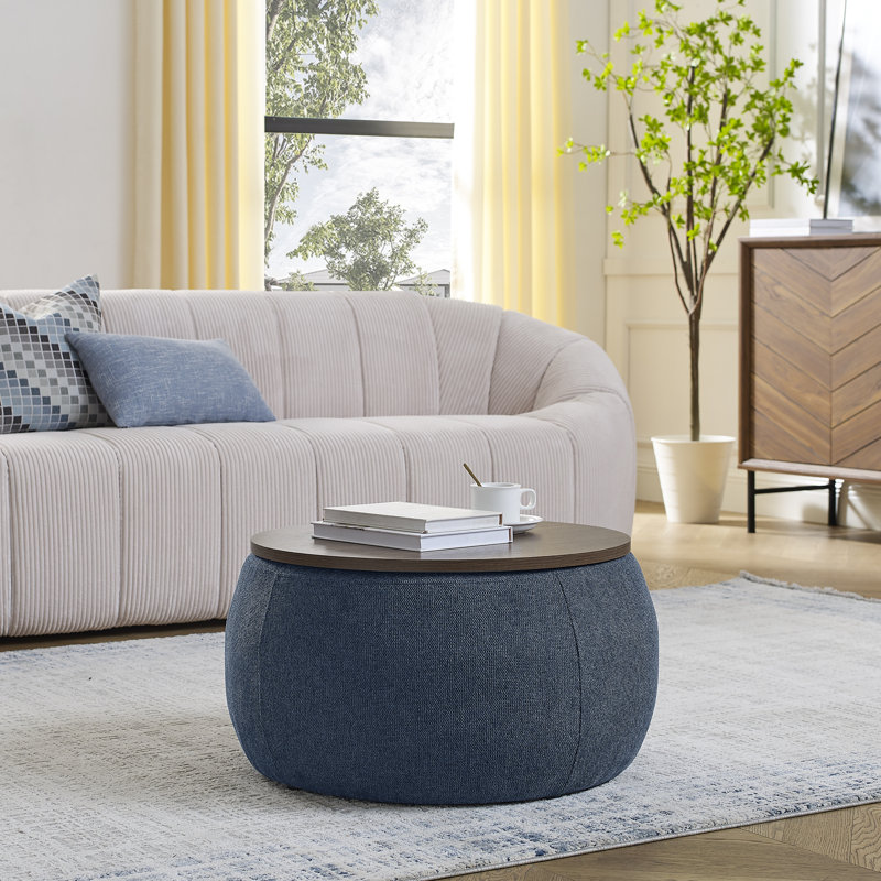 Dariyan Round Storage Ottoman, Blue Fabric