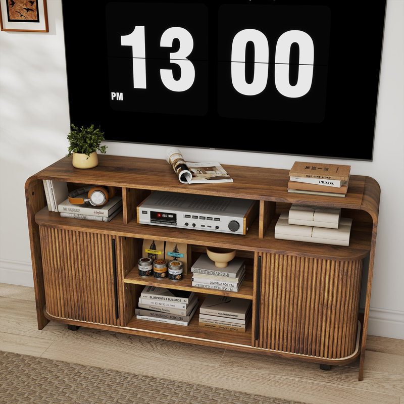 51 Inch Fluted Tv Stand For 55 60 65 Inch Tv,  Mid Century Modern Entertainment Center With Storage,  Adjustable Shelves, Sliding Doors