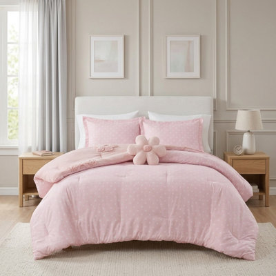 Ensemble d'édredon en chenille touffeté à motif floral rose, ensemble de literie pour lit double / grand réversible 4 pièces avec coussin décoratif floral, antimicrobien