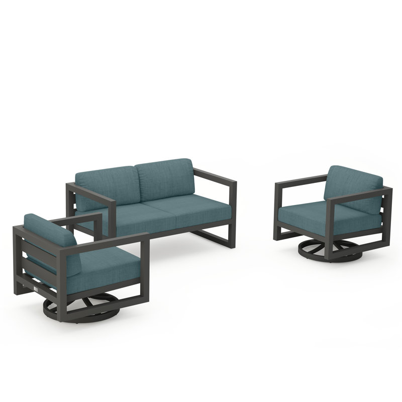 Avion 3 Piece Loveseat Set With Swivel, Slate, Cast Lagoon Sunbrella® Plainweave