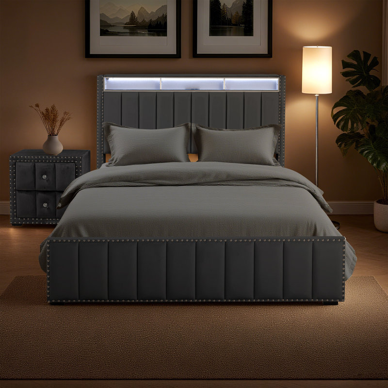 Ensemble de chambre à coucher 2 pièces, cadre de lit rembourré avec station de charge, lumière DEL et table de chevet, gris