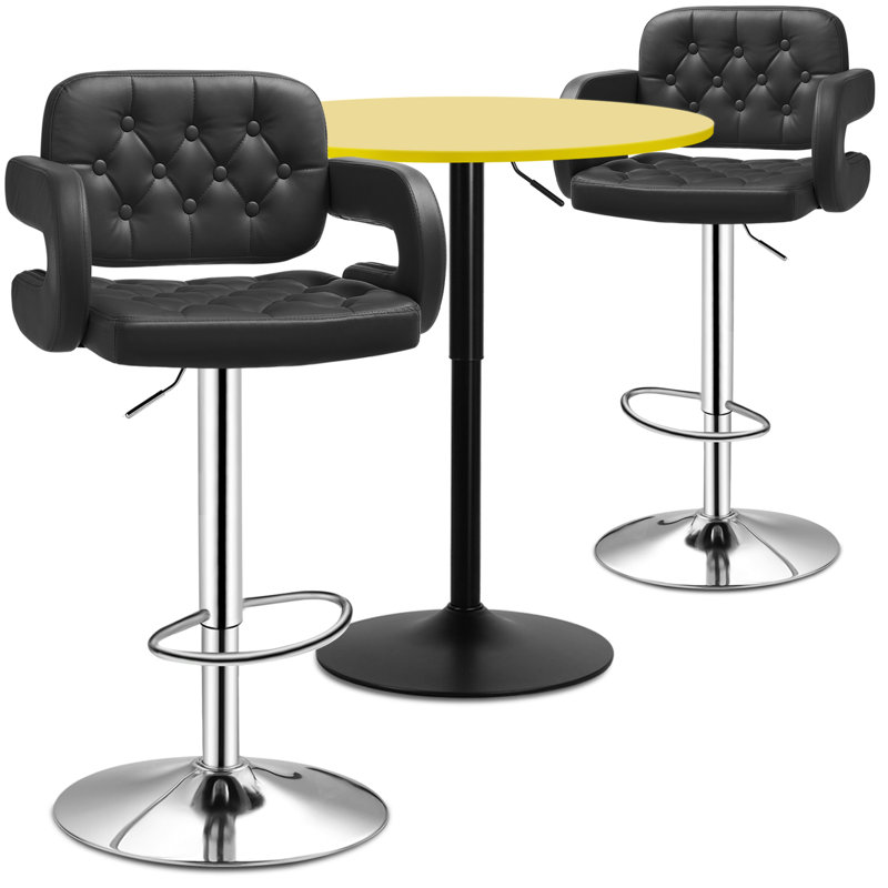 Ferdinando 3 Pieces Adjustabel Round Bar Table Stool with PU Leather Swivel Pub Chairs Set, Yellow, Black