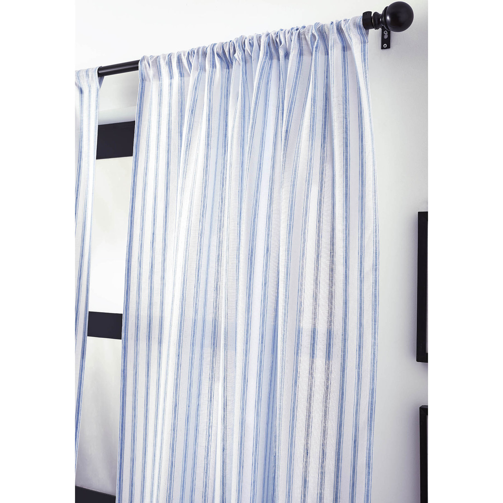 Capri Ticking Stripe Linen Sheer Curtain, 52" W x 108" L, Sky Blue and White