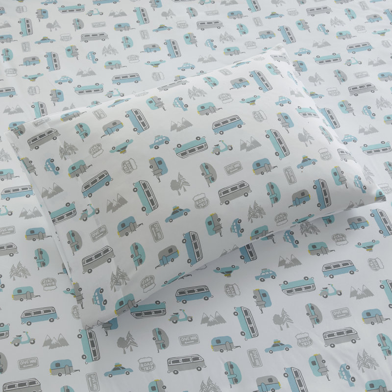 Twin Gray and Blue Road Trip Microfiber Sheet Set
