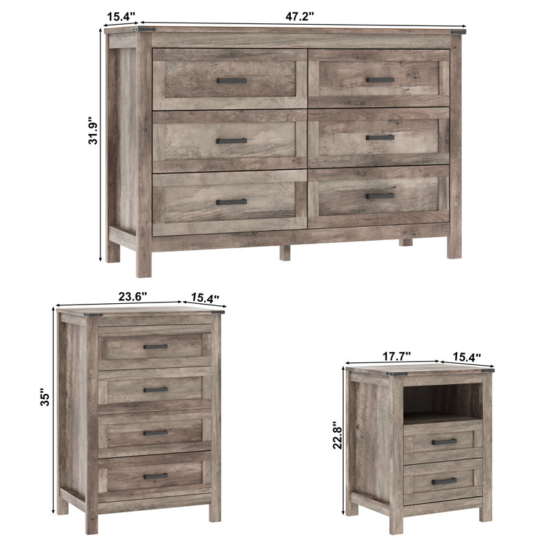 L'ensemble de chambre à coucher 4 pièces Farmhouse comprend une commode 6 tiroirs, une commode 4 tiroirs et des tables de chevet, 2