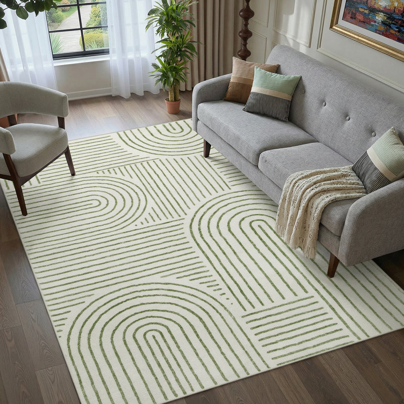 Celeta Washable Abstract Japandi Rainbow Striped Green Area Rug - Colorful Modern Carpet for Living Room, Bedroom, or Office Decor
