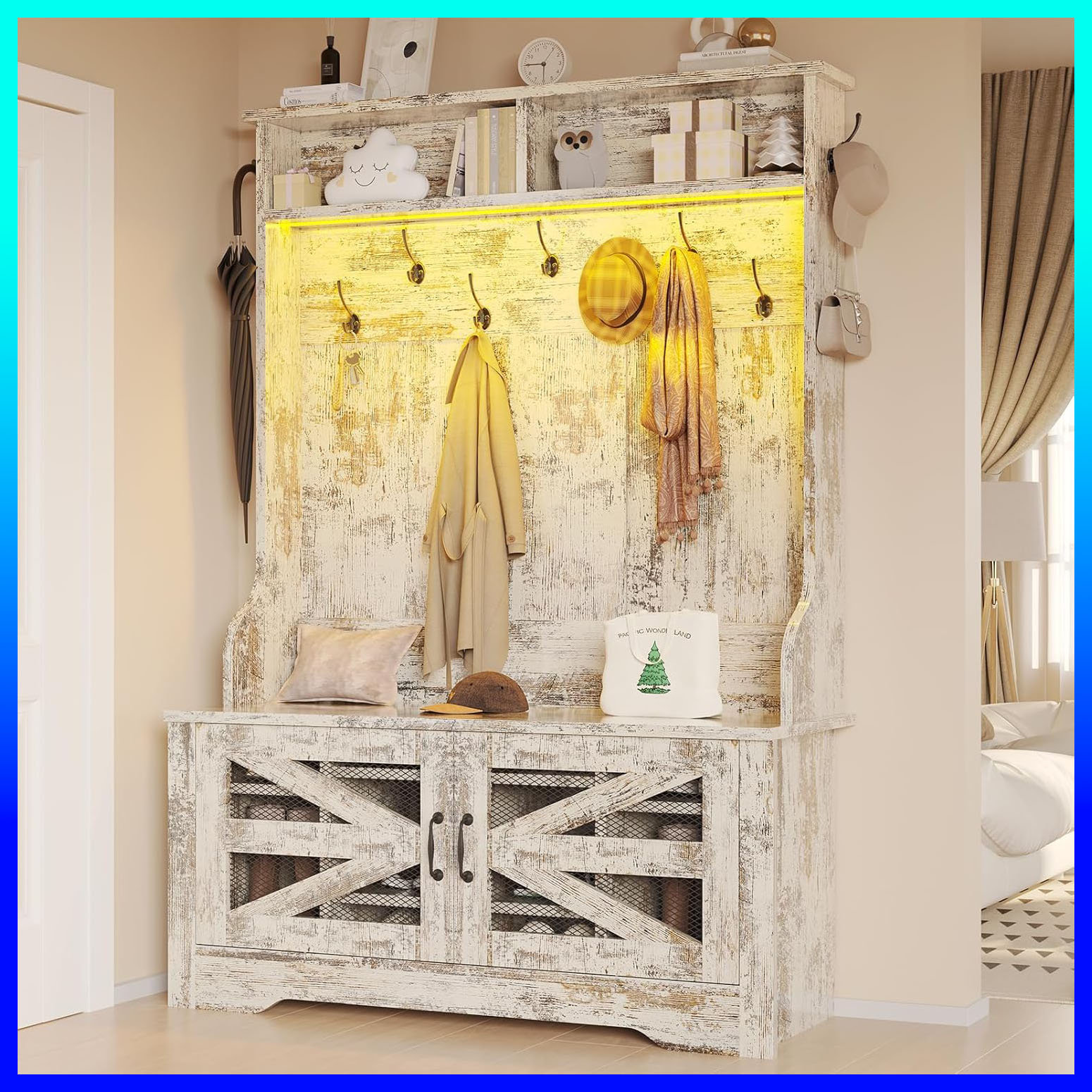 VOKIAL 43.3In Hall Tree With Bench And Shoe Locker, Barn Door And ...