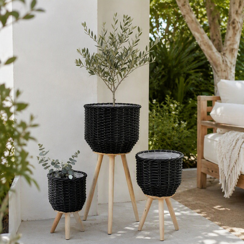 Ensemble de 3 paniers en rotin de polyester avec texture de corde et pieds fuselés en bois