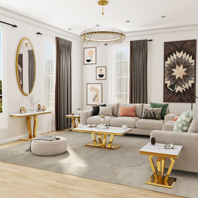 Coffee Table Set, Modern Gold Coffee Table With 4 Geometric Polished Bases And Rectangular Gold Console Table With White Top For Living Room (Coffee T by Everly Quinn