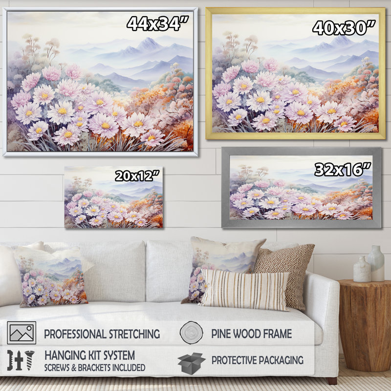 Fleurs de maman dans un paysage de montagne sur toile, Cadre flottant blanc, H 16 po x l 32 po x P 1 po