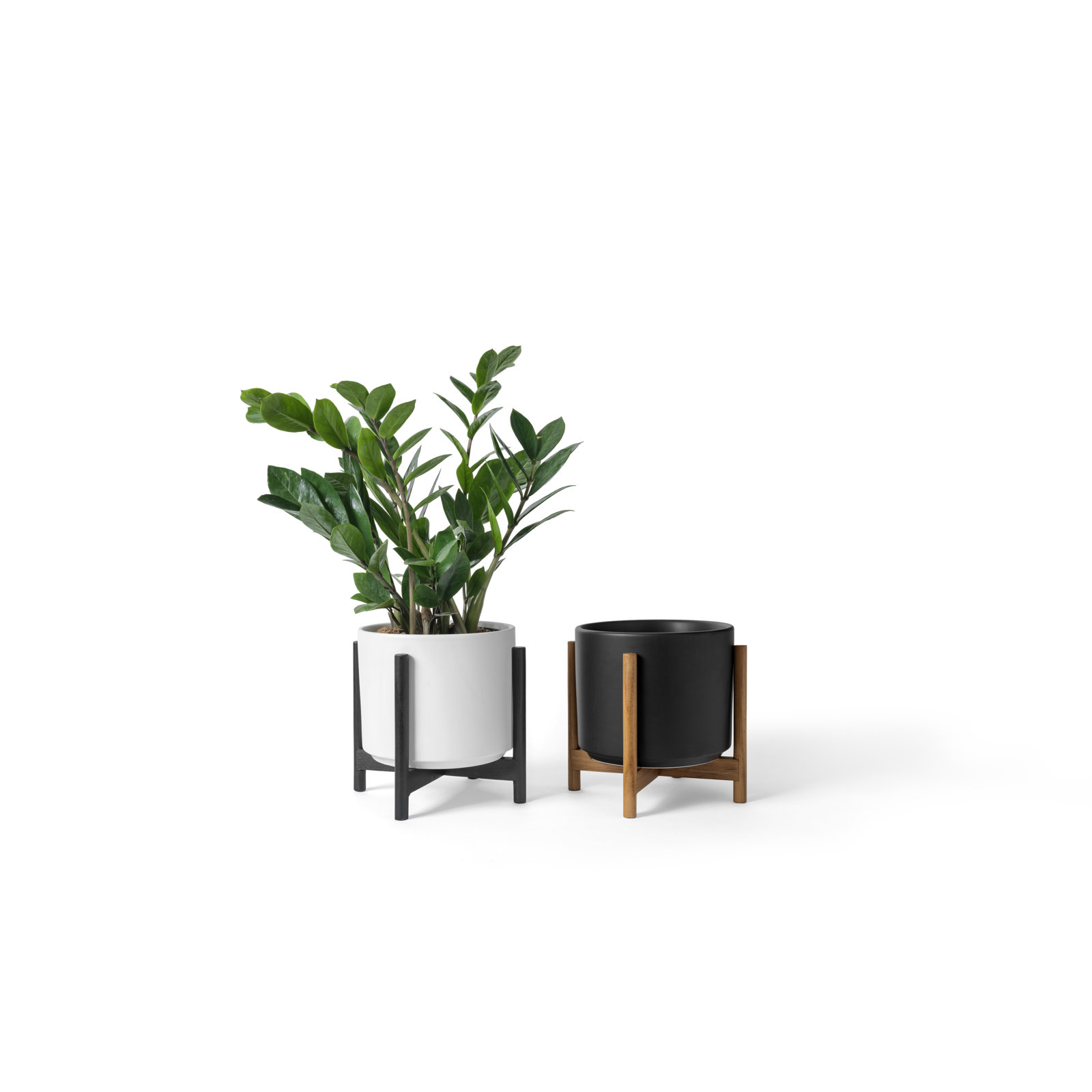 8" Ceramic Pot Planter, Black/Brown teak