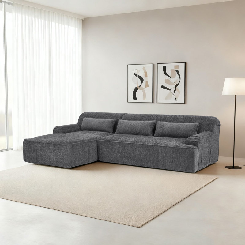 Modern Minimalist L-Shaped Chenille Upholstered Sectional Sofa with Storage Pockets and Three Pillows, Left Hand Facing
