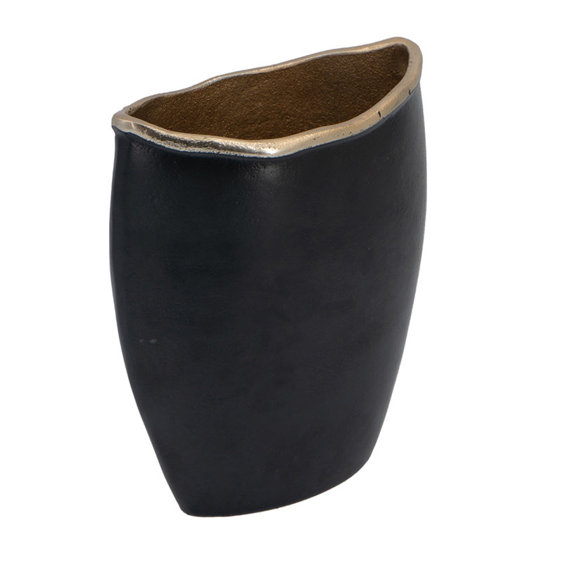 Decorative Oval Vase, Live Edge Curved Gold Rim, Black Aluminum 10 Inch