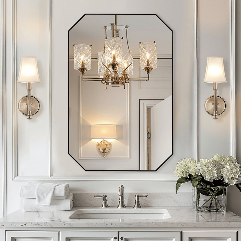 Contemporary Cut Corner Octagonal Scalloped Bathroom Vanity Mirror | Stainless Steel Frame, 36" x 24", Polished Chrome