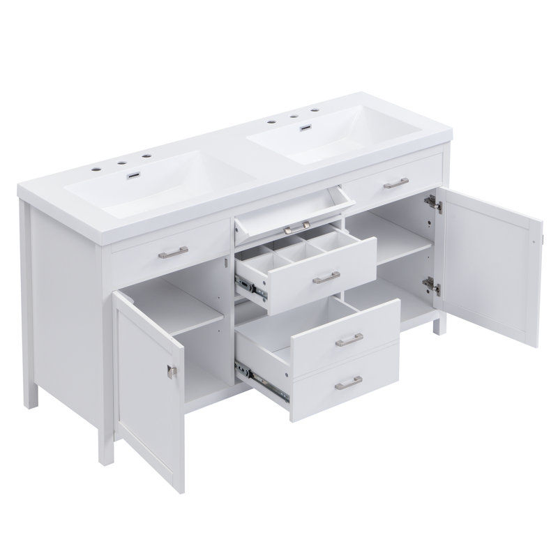 59.1" White Double Bathroom Vanity with Resin Sink, Soft Close, Tip-Out Drawer and Adjustable Shelf