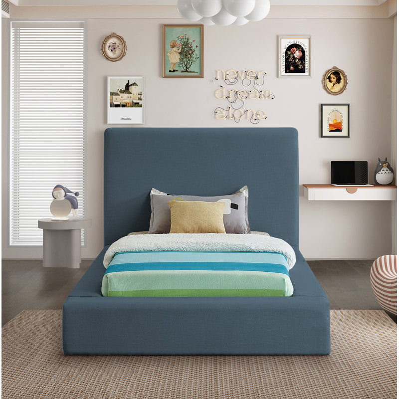 Lit plateforme tapissier Ishia, Simple, Lin marine
