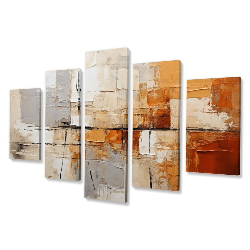 Impression d'art mural gris, jaune et orange - Collages abstraits - 5 panneaux
