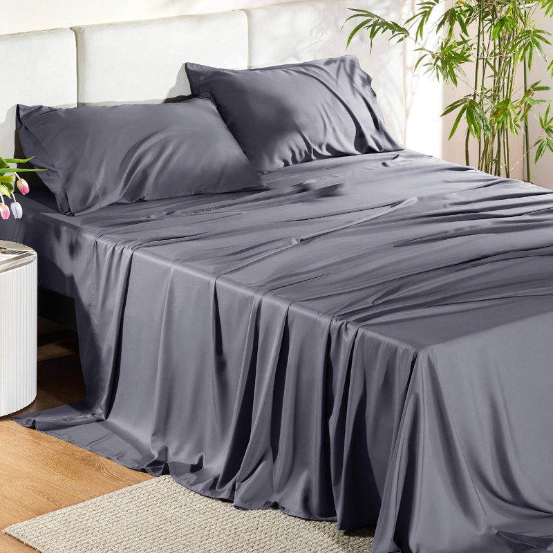 Ensemble de draps en rayonne de bambou Essential Collection, Ensemble de draps pour très grand lit avec 2 taie, Gris