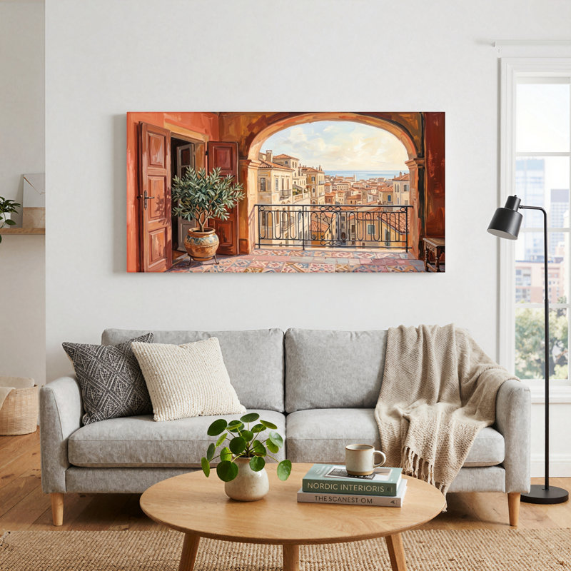 Ensemble de 1 tableau sur toile représentant une vue de la Méditerranée, L 46 po x H 24 po, Toile tendue