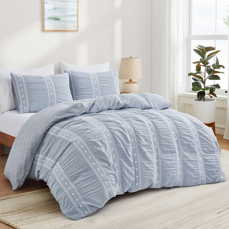 Ensemble de housse de couette géométrique en dentelle - literie en microfibre 3 pièces, envers texturé, toutes saisons, lavable à la machine, bleu