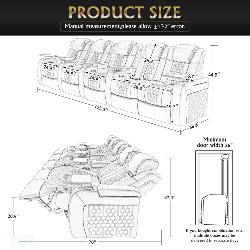 Ensemble de 155 fauteuils inclinables électriques 155,5 pouces avec nappa de grain supérieur, relaxation entièrement réglable, charge intelligente et éclairage à DEL RVB dynamique