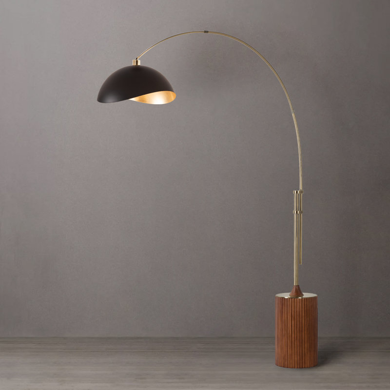 Lampe Tambo Luna 92 po - Laiton vieilli, base noyer foncé, feuille d'acier noir mat / doré, à intensité variable, ampoule incluse