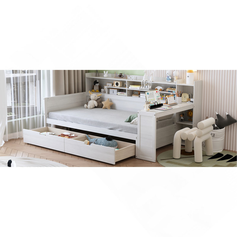 Lit de jour simple en bois avec tablettes de rangement, lit multifonctionnel avec deux tiroirs de rangement et bureau d'étude