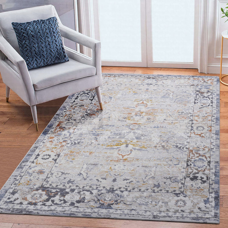 Area Rug Synthetic Fiber Stain Resistant Non-Shedding Traditional Ivory Grey Medium 5' x 7', Ivory+Grey