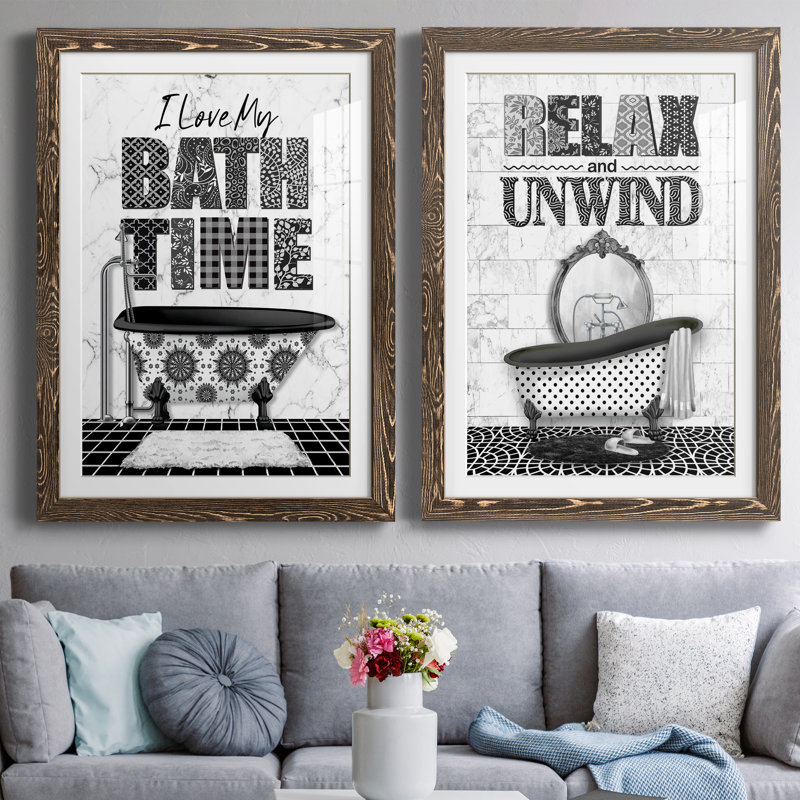 «Bath Time» - ensemble d'art textuel 2 pièces, H 31,5 po x l 47 po x P 1,5 po, Papier, cadre noyer