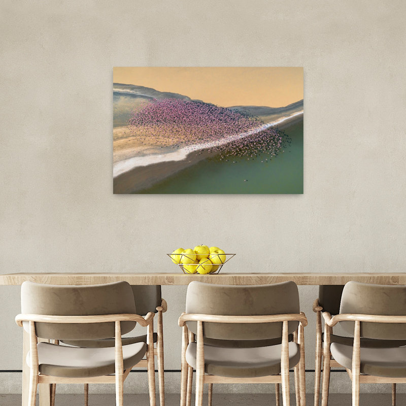 Pink Flamingos Aerial View Abstract Contemporary Bird Flamingo Landscape Nature Wall Art Print 1 Piece Wrapped Canvas Wall Art