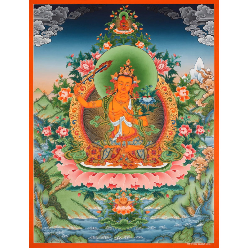 Manjushree Thangka (Thangka sans brocart) | Or 24 carats, gouache et acrylique sur toile de coton