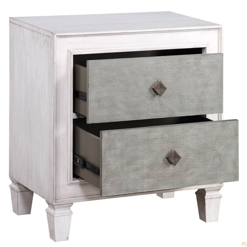 Table de chevet 2 tiroirs gris rustique et blanc vieilli