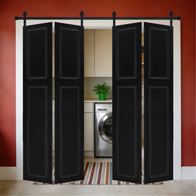 Doubel à 2 panneaux 80 po x 48 po Doubel Porte de grange coulissante en bois de noyer noir avec ensemble de quincaillerie