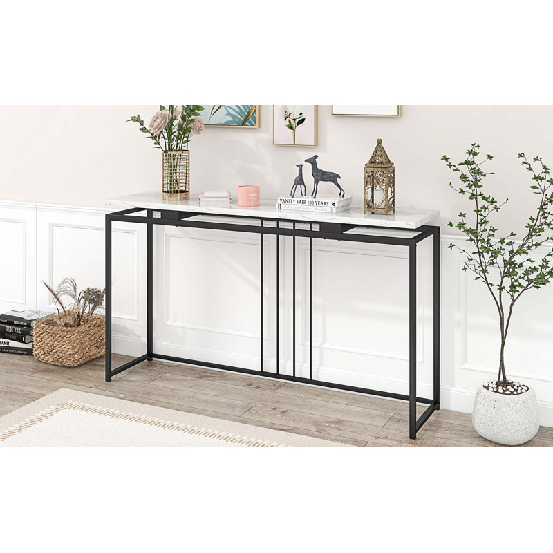 Console moderne, table d'entrée très longue avec structure en métal, Blanc, Noir