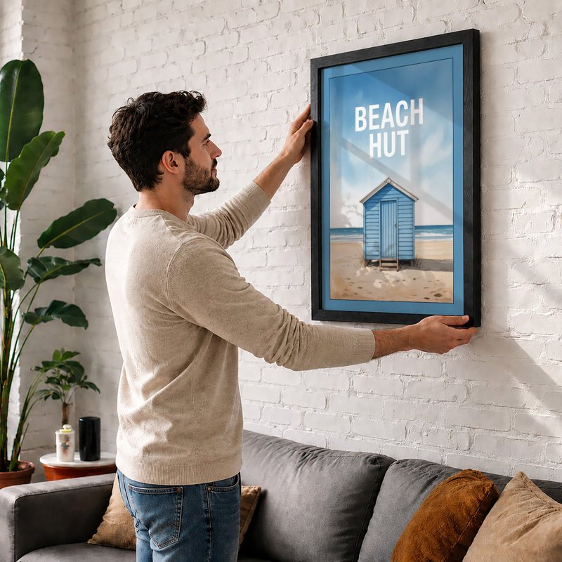 Solitary Beach Hut Coastal - Framed Print, Walnut, A1 - 84.1 x 59.4 cm
