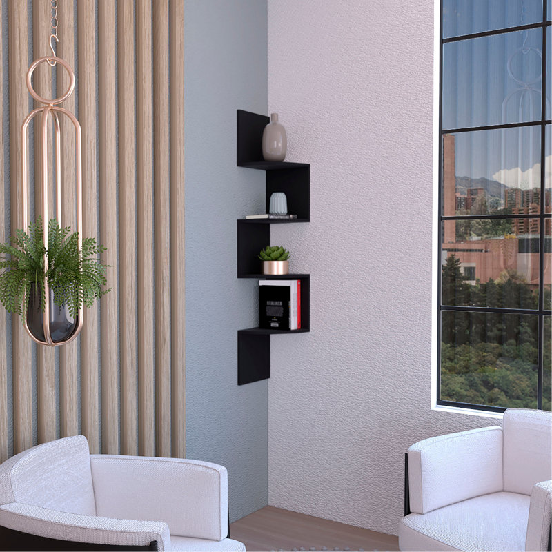 Roy Corner Floating Shelf, Modern 4-Tier Display, Black, Black