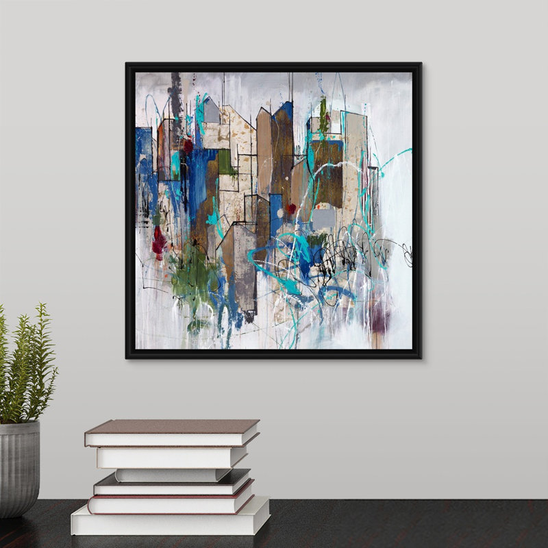 « stomping ground oreillers », peinture sur toile, Cadre flottant noir, H 13,7 po x l 13,7 po x P 1,75 po