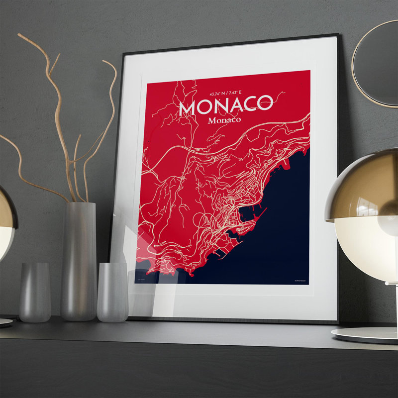Monaco City Map, impression, H 20 po x l 16 po, Rouge / Bleu marine