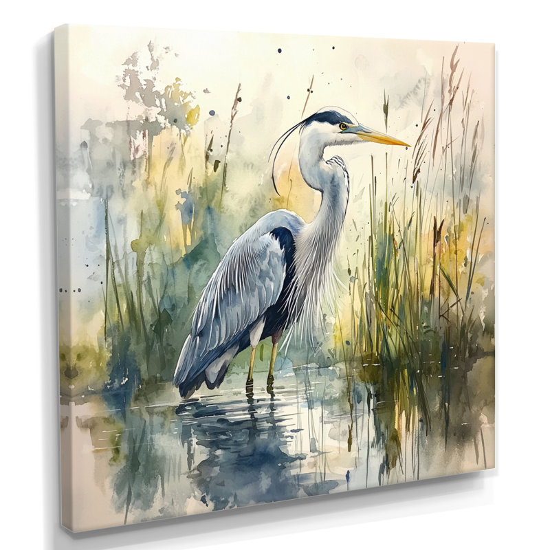 «Ayannah Heron By The Farm Lake», art mural héron, Toile tendue, Ne s’applique pas, H 30 po x l 30 po