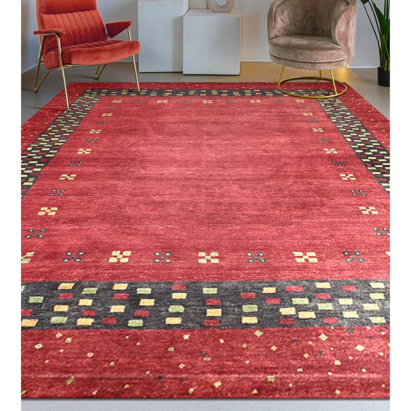 Tapis rouge / jaune / vert noué à la main de haute qualité, Rectangle 8 pi x 10 pi