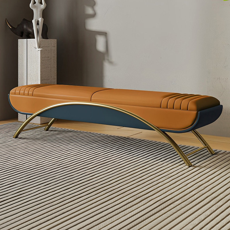 Banc de rangement rembourré avec tabouret italien, Orange/Bleu foncé, H 18,5 po x l 70,86 po x P 16,92 po