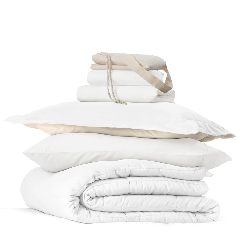 8-PC College Dorm Twin XL Bedding Bundle - Comforter Set, Sheet Set, Pillows and Laundry Bag, White / Ivory