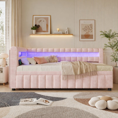 Twin XL to King Extendable Upholstered Daybed with LED and USB, Pink