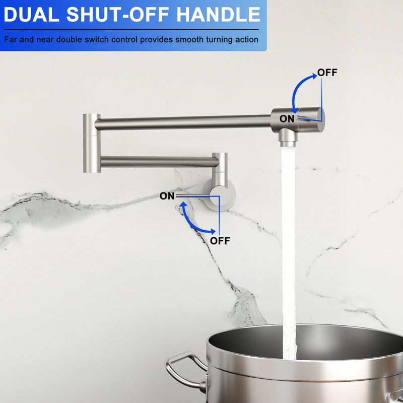 Single Hole Wall Mounted Pot Filler Faucet With Two Handles, Brushed Nickel Finish, 360 Swing Arm, Foldable Swivel Solid Brass Construction, Ideal For Kitchen Filling Faucet, Nickel, Swivel, Design