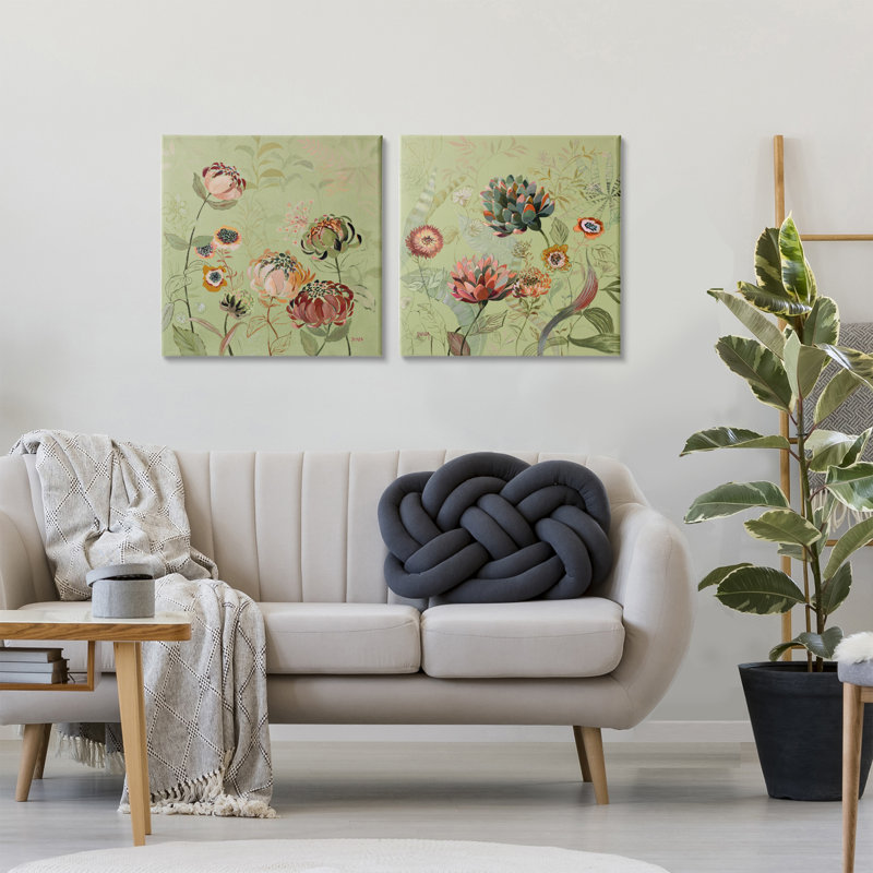 Ensemble de 2 pièces sur fond de chrysanthèmes sur fond vert olive, design par Dusza, H 24 po x l 24 po
