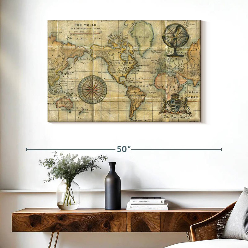 Aliaz Brown Antique World Map, 26" H x 39" W