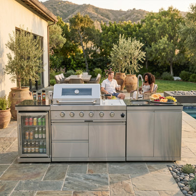 Rory 98‑Inch 304 Marine‑Grade Stainless‑Steel Outdoor Island Gas Grill Station, Modular Backyard Outdoor Kitchen With Independent Side‑Burner & Built‑in Beverage Cooler